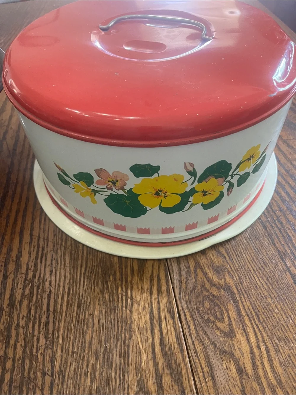 Vintage Red Floral Cake Tin with Yellow Pansy Design
